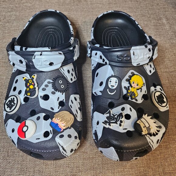 Crocs Classic Unisex Black White Dice Clogs With Pokemon Charms Size M5 W7 - Picture 7 of 11